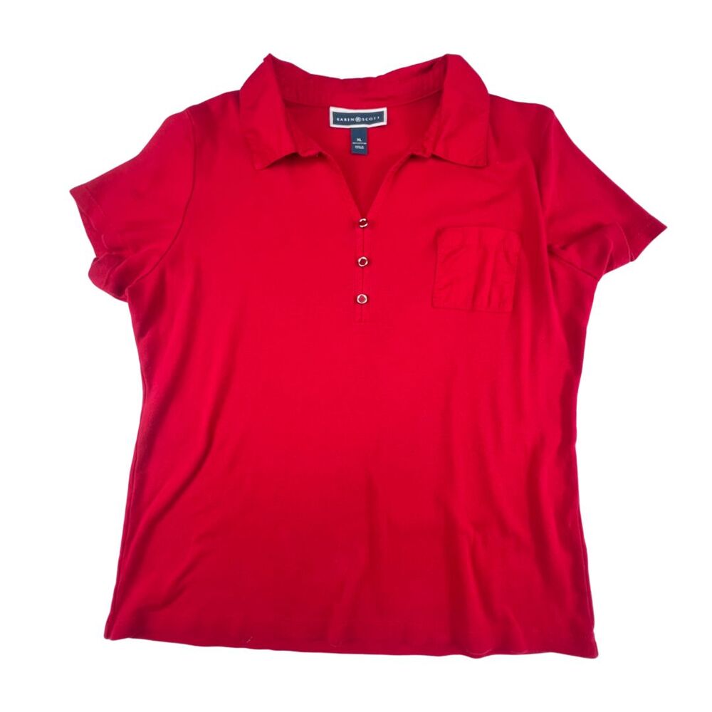 Karen Scott Polo XL Red Short Sleeve Comfort Knit Chest Pocket Casual Wear Shirt